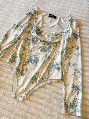 CIDER Blue Floral Corset Seaming Bodysuit Long Sleeve Square Neck Size L
